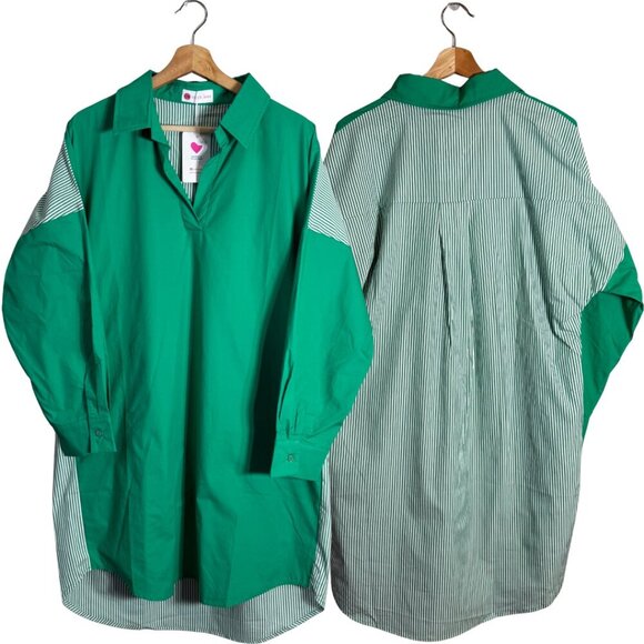 Caryn Lawn Preppy Gameday Back Stripe Mini Shirt Dress Womens One Size Green NWT - Picture 2 of 14